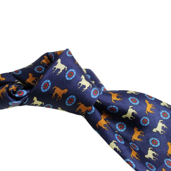 EFFESTI MODA Tie 100% Silk, Equestrian - Cognac, Light Blue, Burgundy & Navy - Picture 2 of 9